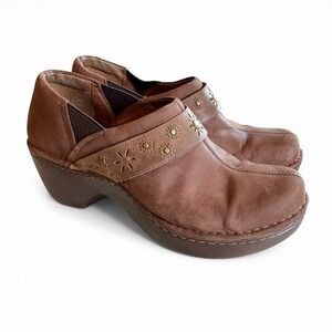 Ariat Womens Brown Leather Floral Studded Slip On Clog Shoes Size 10B